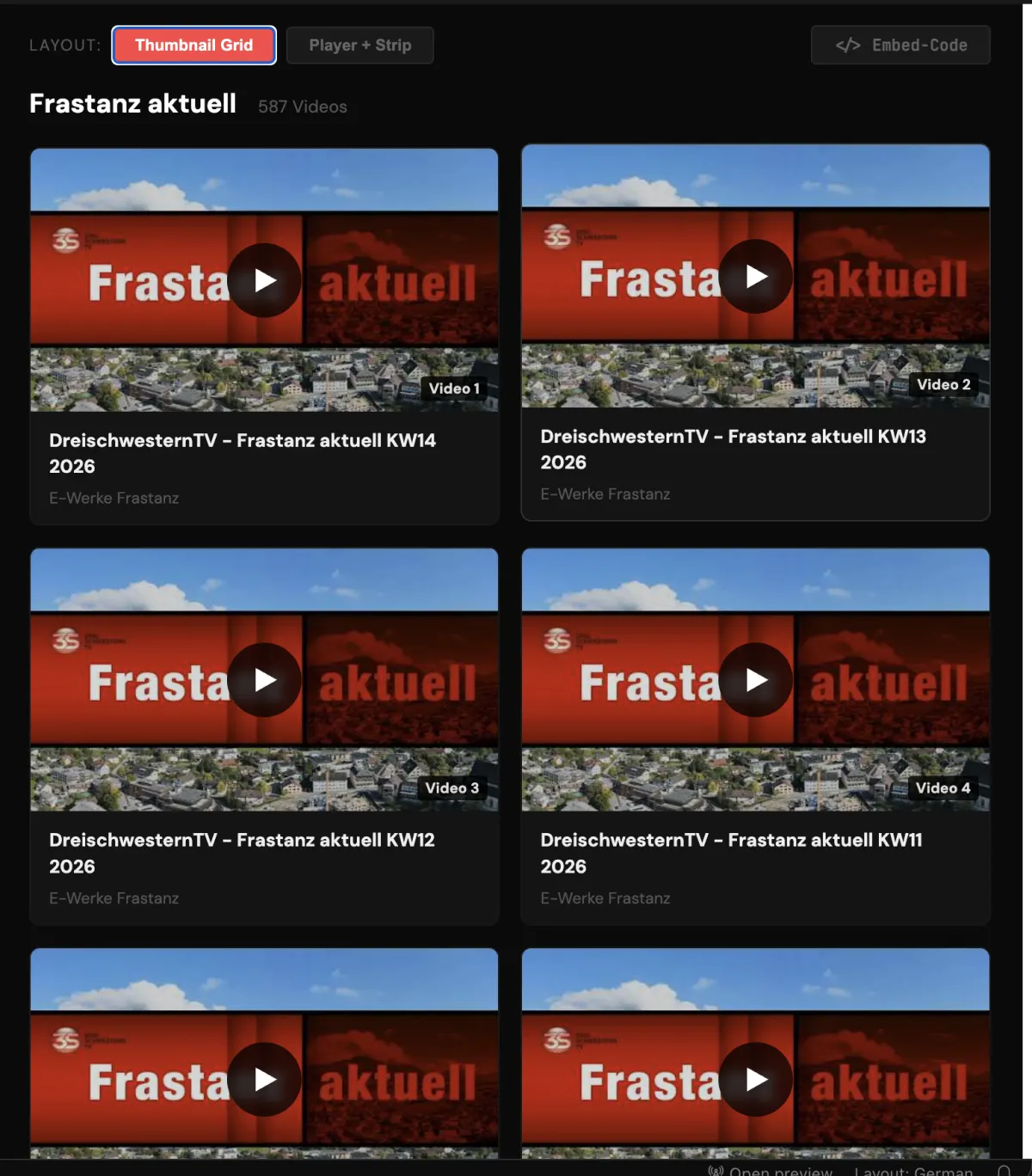 Bildschirmfoto einer Videogalerie mit sechs Vorschaubildern derselben Sendung